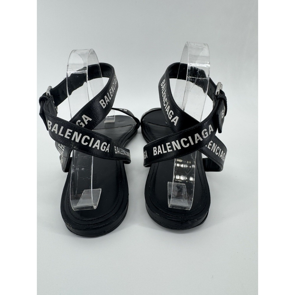 Authentic Balenciaga Logo Print Ankle Strap Sandal Black White Size 38.5 - Picture 4 of 10